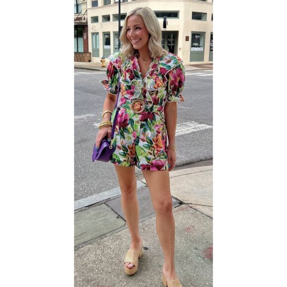 FARM RIO Painted Flowers Romper in Multi Size Small - Picture 3 of 12